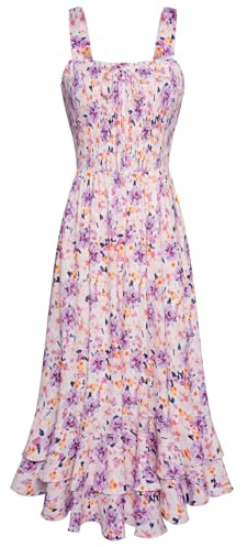 GRACE KARIN Women Summer Maxi Dress Square Neck Chiffon A Line Strappy Smocked Beach Floral Dress Purple Flower L
