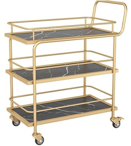 HUIBBGO Goldener Barwagen mit feststellbaren Rollen und Mehrzweck-Aufbewahrung. 3-stöckiger Servierwagen für Küche und Wohnzimmer. Getränkewagen aus Holz und Metall