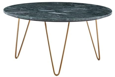 Wohnling Couchtisch Echter Marmor Grün 70x70x35 cm Sofatisch Metall Gold, Design Dreibein Wohnzimmertisch Rund Modern, Marmortisch Loungetisch Groß, Kaffeetisch Haarnadelbeine