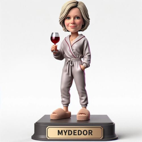 mydedor Figura personalizada de mujer relajada con bata gris con copa de vino tinto hecha a mano para el Día de la Madre, Independent Calm Greatness Collectible