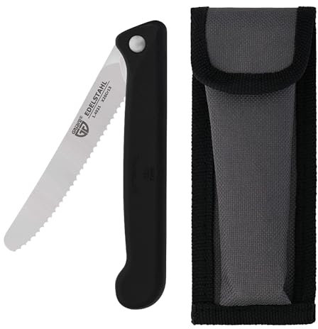 GRÄWE Klappmesser mit Wellenschliff, Frühstücksmesser, Brötchenmesser, Tomatenmesse, klein, klappbar (mit Liner Lock - Mechanik), scharf, Brotzeitmesser aus Spezialstahl mit Etui, schwarz