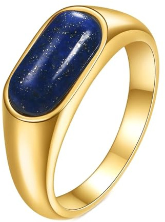 Calefee Hochzeit Ringe Schlicht Ehering, Damen Ringe Edelstahl Verlobungsring Bandring Breit 8 mm Gold mit Lapislazuli, Größe 54