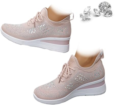 Damen Glitzer Strass Mode Atmungsaktiv Wedge Sneaker Trendy Sparkly Lace Up Plattform Hochzeit Schuhe Casual Sportschuhe