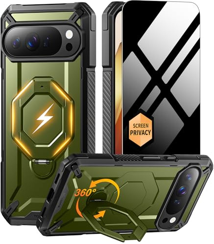 Tongate for Pixel 10/10 Pro Case with 360° Spin Magnetic Stand,Green | Compatible with MagSafe, Privacy Screen Protector, Anti-slip, Military Grade Protection Phone Case for Google Pixel 10/10 Pro