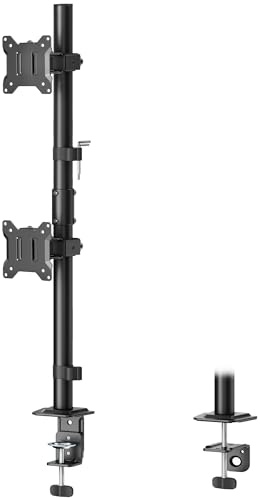 monTEK Stable Vertical Dual Monitor Mount, Stacked Desk Stand for Two 17-32 inch Screens, Full Motion Arm with Tilt, Swivel, Rotation, Supports 22 lbs per Arm, C-Clamp/Grommet Base, VESA 100×100mm Max