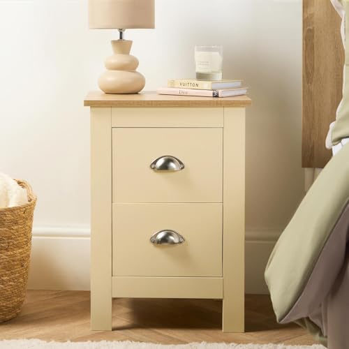 OHS 2 Drawer Bedside Table, Chicago Modern Wooden Bedside Tables Decorative Nightstand Side Table Storage Unit End Tables for Living Room Bedroom Hallway, Cream - 39 x 30 x 55cm