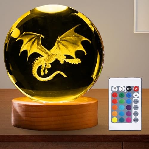 3D Kristallkugel Nachtlicht: 8cm Drachen Glaskugel Lampe USB 3D Drachen Nachtlicht, 16 Farben Licht Glaskugel Nachtlampe mit LED Holzsockel, für Weihnachten, Erntedankfest, Valentinstag, Wohnkultur