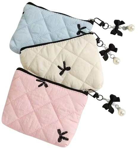 MLPKOI 2PCS Petite Trousse de Maquillage pour Sac à Main, Trousse de Toilette de Voyage Cosmétiques à Glissière Portable avec Texture Plissée en Relief, Pendentif Nœud et Perle (Blanc Bleu et Rose)