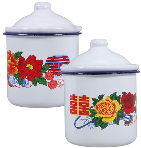 CLISPEED 2 piezas Taza Esmaltada Vintage Estilo Chino con Tapa Práctica para Infusiones Bebida Caliente Diseño Retro Portátil para Interior y Camping