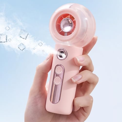 Gemmac Portátil Ventilador Pulverizador Agua, Mini Ventilador de Mano Portátil con Batería USB Recargable 2000mAh 4 Velocidades, Rosa Turbo Abanico con Spray para Maquillaje/Hogar/Camping Regalo Mujer