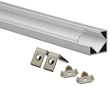 Eurekaled - Profilo in Alluminio ANGOLARE da 1mt Barra 45 Gradi per Strip LED con Copertura TRASPARENTE, Tappi e Ganci inclusi cod.1110
