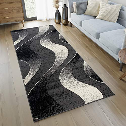 TAPISO Dream Läufer Flur Teppich Kurzflor Modern Brücke Schwarz Grau Creme Wellen Streifen Linien Muster Schlafzimmer Wohnzimmer ÖKOTEX 80 x 200 cm