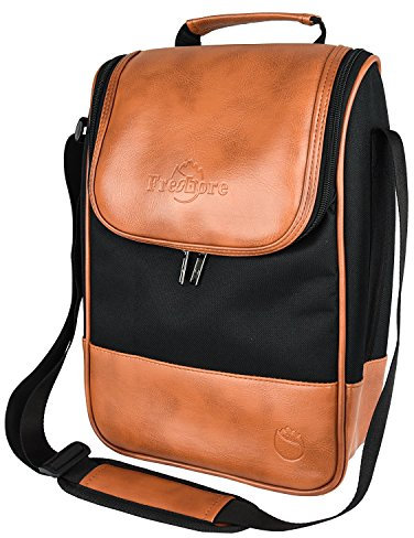 Frehore Wein Leder Tote Kühler isolierte Tasche - Luxus 2 Flaschenträger Design für Mittagessen/Reise - Idee Geschenk für Frauen/Mann (Korkenzieher Opener Lagerung, Hellbraun)