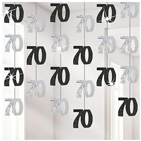 70th Glitz Black and Silver Anniversary Birthday Metallic Hanging String Shiny Foil Banner Party Door Wall Decorations Pack of 6