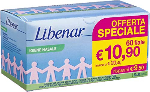 Libenar Solution saline physiologique - Solution isotonique stérile pour nettoyer les yeux et le nez des enfants - 60 fioles x 5 ml