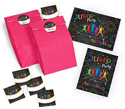 JuNa-Experten 8 Einladungskarten Kindergeburtstag Jump Trampolin Mädchen Junge incl. 8 Umschläge, 8 Tüten/rosa, 8 Aufkleber
