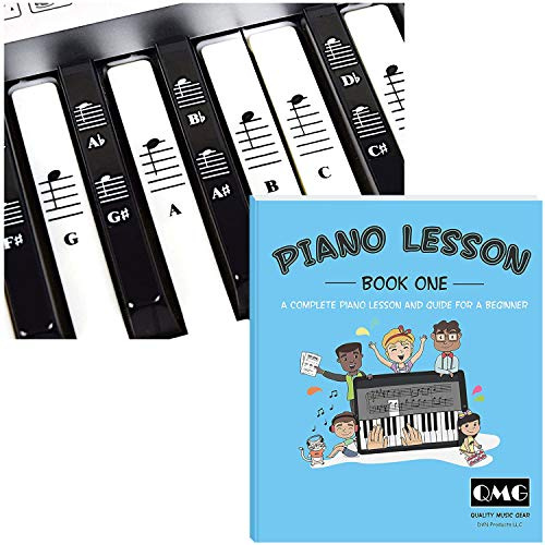 QMG Klavier- & Keyboard-Aufkleber mit Anfänger-Unterrichtsbuch - Komplettes Lernset für Notenerkennung, Notengrundlagen & Praxis - Passend für 49/54/61/76/88-Tasten-Tasten-Tastaturen