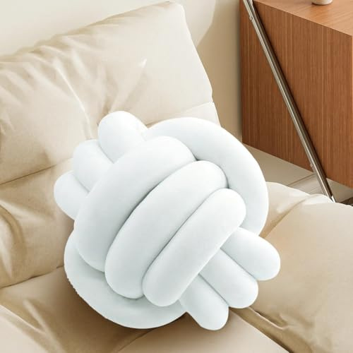 White Knot Pillow Ball, Handmade Decorative Throw Pillow, Soft Round Knotted Cushion for Couch & Bedroom, Cute Home Decor, Braided Pillow for Living Room (7.87 Inches)