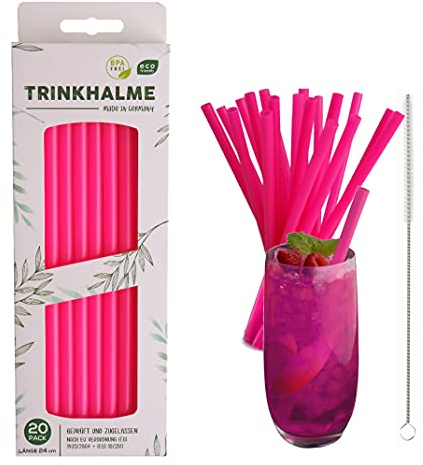 Pajitas premium 20 unidades, 24 cm, color rosa, fabricadas en Alemania, reutilizables y aptas para lavavajillas, con cepillo de limpieza, ideal también para niños (rosa, 24)