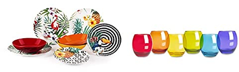Excelsa - Vajilla Tropical Chic de 18 piezas, hecha de porcelana multicolor & San Josè - Juego de 6 vasos de agua, cristal, multicolor