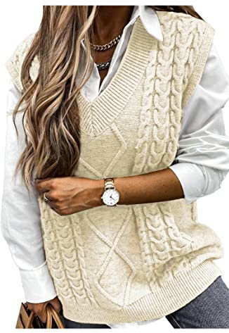 Vancavoo Pulls sans Manches Gilet Tricoté Veste Chaud Chandail Débardeur Tank Top Crop Sweater col V Oversize Pullover Tops Câble Tricots Décontracté Automne Hiver Filles Femmes
