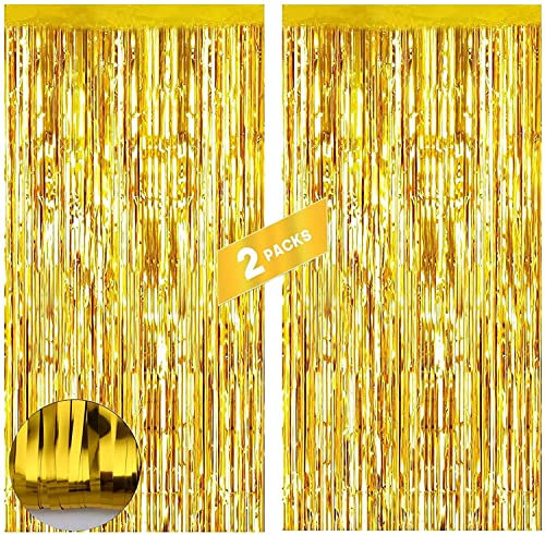 Gold Foil Fringe Curtain 2 Pack Metallic Tinsel Curtain Backdrop Curtain Hanging Streamers Curtains Shimmer Photo Booth Props for Birthday Party Door Windows Decorations (3.28 x 6.56ft)