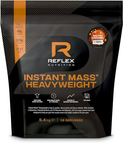 Reflex Nutrition Instant Mass Heavyweight - Mass Gainer - Over 1000 Kcal per Serving, 60g Protein, Creatine - High Calorie Post Workout or Before Bed Protein Shake (Salted Caramel, 5.4 kg)