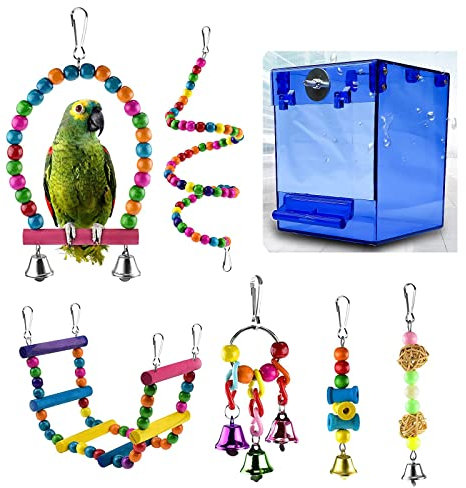 QeeHeng Baignoire pour oiseaux, 12,4 x 12,4 x 16,3 cm, boîte de bain transparente pour petits oiseaux, (boîte de bain anti-fuite + 6 jouets pour oiseaux) (bleu)