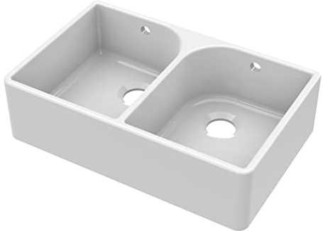 nuie BU121AF32D Fireclay Kitchen Double Bowl Butler Sink Full Weir with Overflow, 795mm x 500mm, White