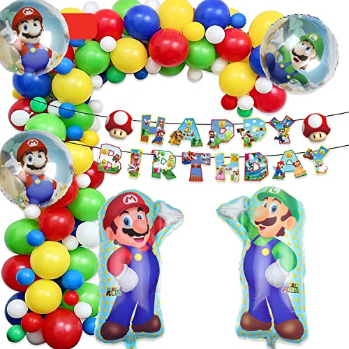 Deluisho Mario Ballon Super Mary Kindergeburtstag Party Deko Set Ziehfahne Latex Alufolie Ballon Kombination