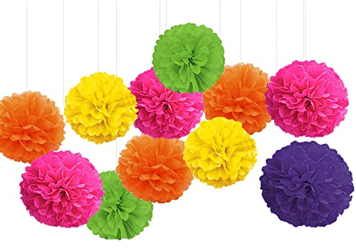 GoldRock Pompons Deko, 10 Stück Pompoms Deko, Grün, Gelb, Rosarot, Orange, Lila Papierblumen, Wabenbälle Bunt Set, Pompons Geburtstagsdeko, Seidenpapier Pompons für Hochzeit, Party Deko Geburtstag