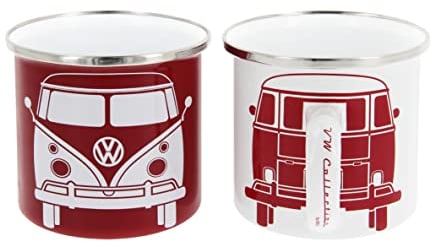 BRISA VW Collection - Volkswagen Set di 2 tazze in metallo smaltato da tè, caffè, latte, cappuccino, Campervan Bus T1 design 350 ml x2 (Bianco & Rosso)