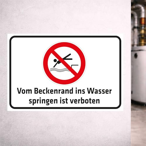 INDIGOS UG - Aufkleber Vom Beckenrand ins Wasser springen ist verboten - 200x150 mm - Hinweisschild Warnschild Sicherheitsschild - Sticker - für Innen und Außen