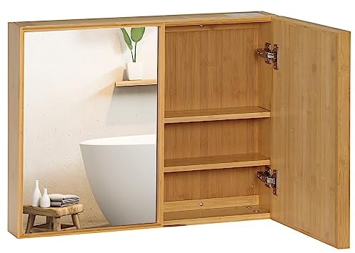 kleankin Armoire Murale de Salle de Bain Placard de Rangement Toilettes avec miroirs et 2 Portes 3 Niveaux en Bambou 65,2 x 14 x 50 cm