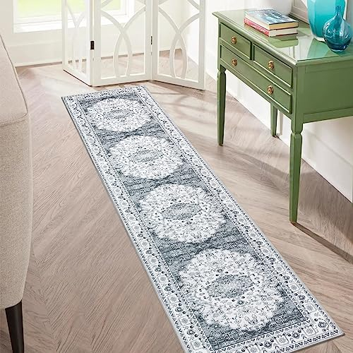 Carvapet Läufer Teppich 60x300cm rutschfest Lang Küchenteppich Waschbar Dünner Teppiche Gegend Blüte Medaillon Teppich für Wohnzimmer Schlafzimmer Küche(Grau)