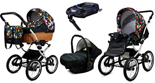 BabyLux Kinderwagen 4in1 mit Autositz für Kleinkinder – Kinderwagen für Neugeborene und Kleinkinder –– Baby Neugeborenen Kinderwagen – ISOFIX Autositzbasis – Max 15kg – Garden Flowers Silver Frame