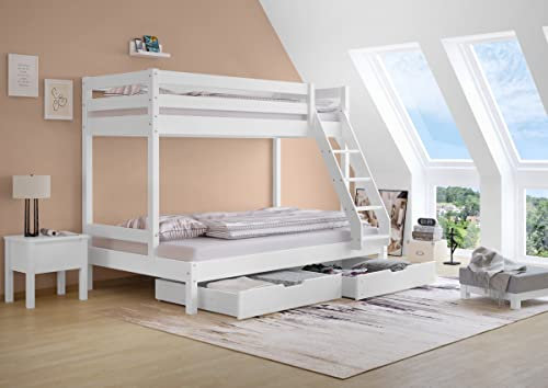 Erst-Holz Doppel-Etagenbett 120x200 und 80x200 Erwachsenen-Stockbett Kiefer Massivholz weiß V-60.18W-08-12, Ausstattung:Rollrost und Doppelbettkasten inkl.
