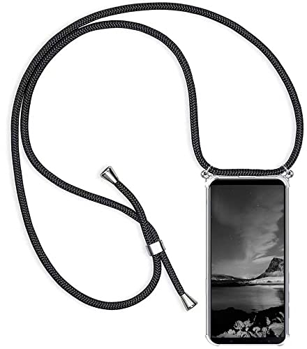 YAMCCCSE Handykette Handyhülle für Nokia C32 mit Band - Transparent Handy-Kette Handy Hülle mit Kordel zum Umhängen Handyanhänger Halsband Lanyard Case Cover - Schwarz
