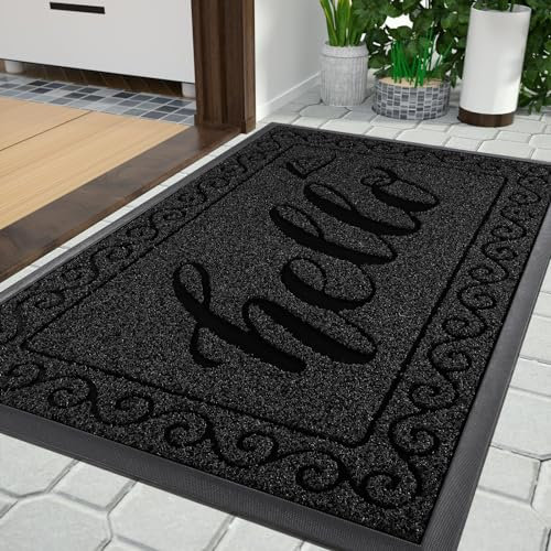 Yimobra Hello Front Door Mat, Heavy Duty Easy Clean Doormat Indoor Outdoor, Waterproof Quick Dry Floor Mat for Home, Garage, Hign Traffic Areas, Non Slip, Low Profile, 75x43 cm, Black