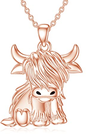 PROESS Hautes terres collier de vache pour les femmes 925 collier de vache en argent sterling Highland Cow pendentif Hautes terres bijoux de vache cadeaux animal amoureux de la vache (or rose)