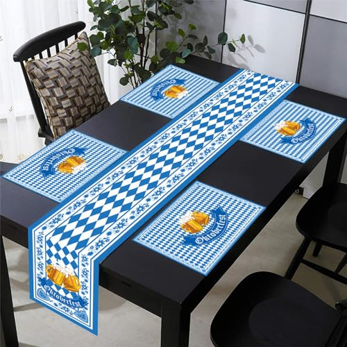 Bayerisch Oktoberfest Tischläufer mit 4 Stück Bayern Blau Weiß Tischset, Oktoberfest Deko Set für Bierfest Outdoor Indoor Wiesn Party Zubehör