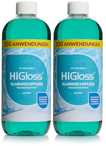 HiGloss Klarwischpflege Hochkonzentrat 2x 1000ml Wischroboter geeignet Bodenreiniger, schonend zu allen Böden, Laminatboden, Fliesenboden & Korkboden, streifenfrei Classic