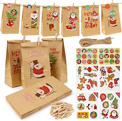 Calendario Adviento para Rellenar, Bonito Calendario Adviento 2024 con 24 Bolsas, Adhesivos, Cuerda y Pegatinas de Cifras, DIY Bolsas de Papel Kraft Navideño, Marrón