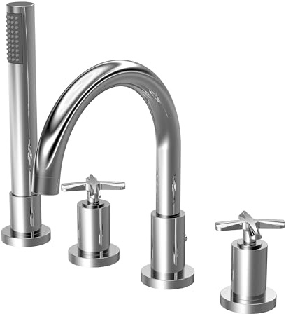 Balterley Bath Mixer Tap with Shower Kit, Dual Crosshead Round Bath Filler Tap, 4 Tap Holes, Round Head Showers for Bathrooms, Bathroom Taps with Shower Head and Hose Set - 345 x 207 x 236mm (Chrome)