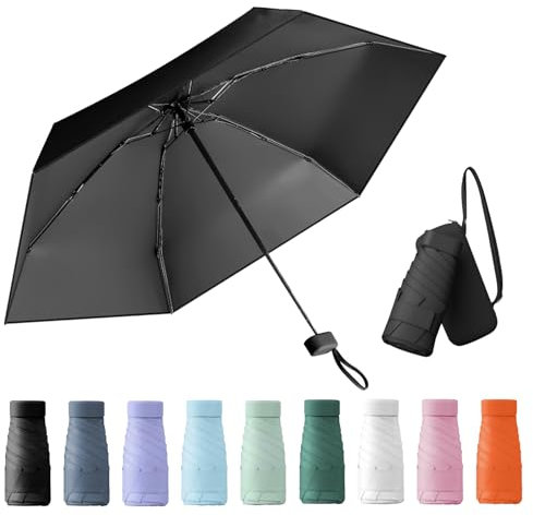 Kleiner Regenschirm, portable folding umbrella, mini reise regenschirm, leichter Reiseschirm, taschenschirm, UV-faltbar mit Kapselbox, reisewasser- und winddicht für Männer und Frauen(Schwarz)
