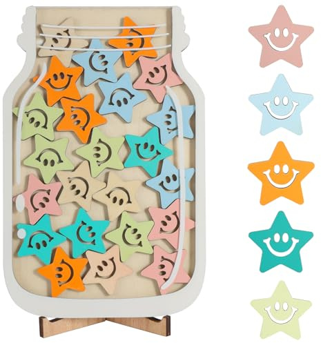 Star Reward Jar for Children 25PCS Star Jar Reward System with Wooden Stand | Incentive Motivate Good Behaviour Chart Reward Pot Star Jar Reward System for Potty Training Emotional Regulation Teacher