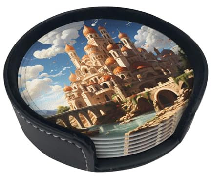 Anime Castle Sky Untersetzer, rund, Leder, flecken- und hitzebeständig, mit Aufbewahrungsbox, für Zuhause, Küche, Büro, Untersetzer, 6 Stück