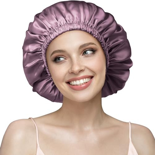 Umisleep 22 Momme - Cappello da notte in 100% seta di gelso, doppio cappello da notte in seta per capelli ricci, traspirante, regolabile, con elastico per fissaggio sulla testa, colore: Viola, Lilla,