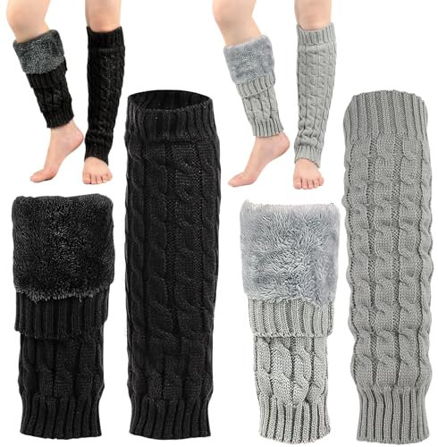 CIEOVO 2 Paar gestrickte Beinstulpen für den Winter, warme lange Stiefelsocken, Skaten, Beinwärmer, lange Stiefelsocken für Damen, Skaten, Outdoor, Winter, Schwarzgrau, Schwarz Grau, Einheitsgröße