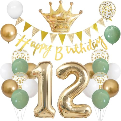 Anlgdi Luftballons 12. Geburtstag Dekoration Set, Ballons Happy 12th Birthday Mädchen Deko, Folienballon Zahl 12 Gold, Geburtstagsdeko 12 Jahre Mädchen Junge, Folienballon 12 Geburtstag Dekoration